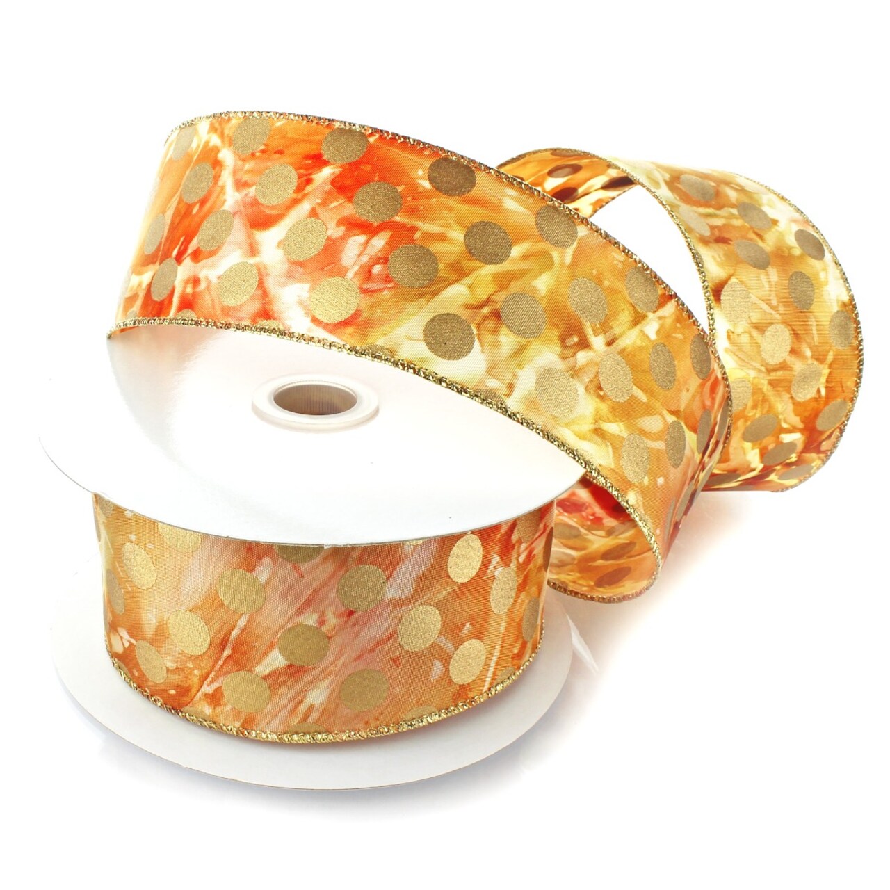 2 1/2" Wired Ribbon Tie-Dye - Gold Shimmer Dots Watercolor - 25 Yards